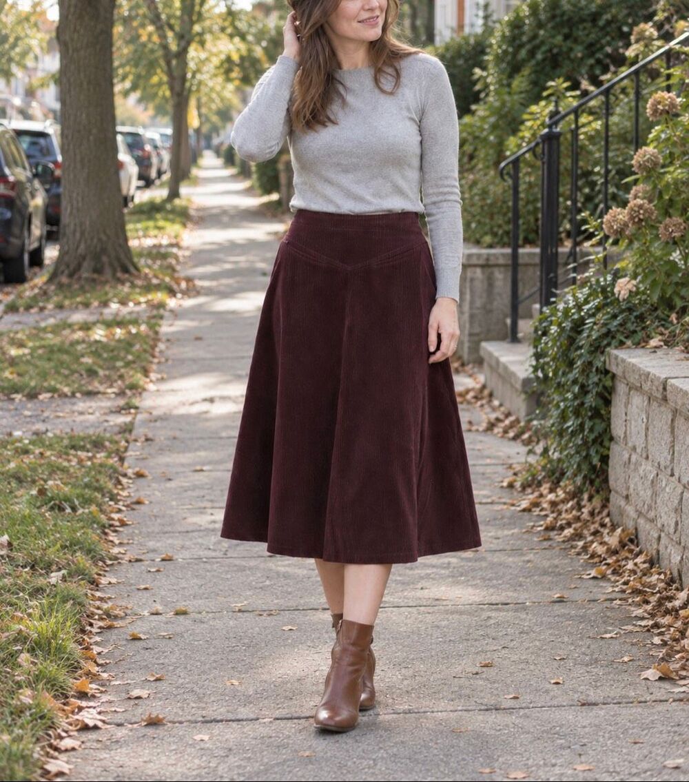 Laura Ashley Vintage Corduroy Midi Skirt Plum Burgundy A Line UK 12 US 10